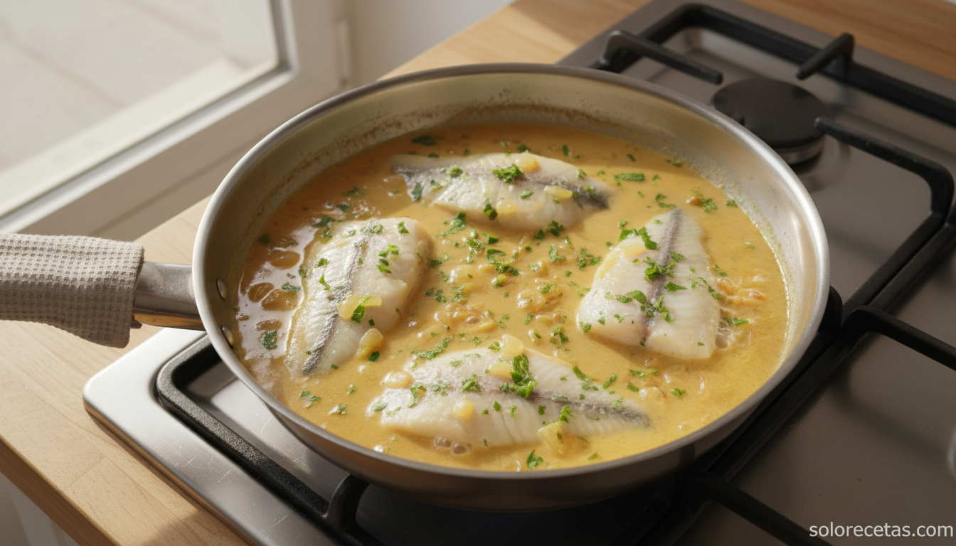 Lomos de merluza cocinados en salsa cremosa de cerveza en la sartén