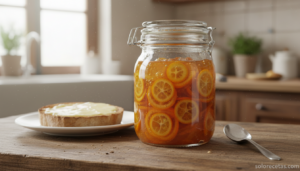 Mermelada de kumquat casera en tarro de cristal con tostada
