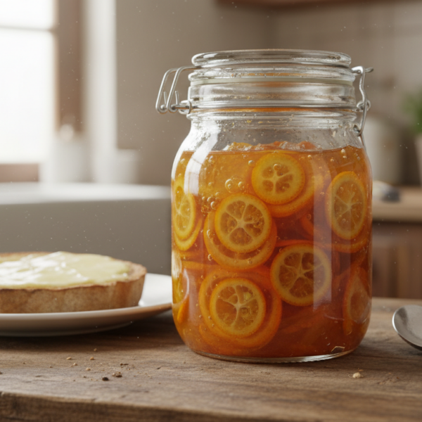 Mermelada de kumquat casera en tarro de cristal con tostada