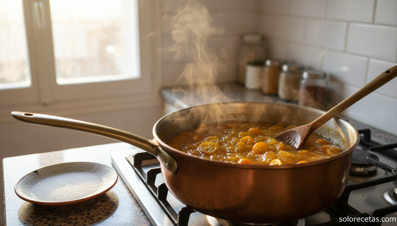 Mermelada de kumquat cociendo en cazuela con rodajas translucidas