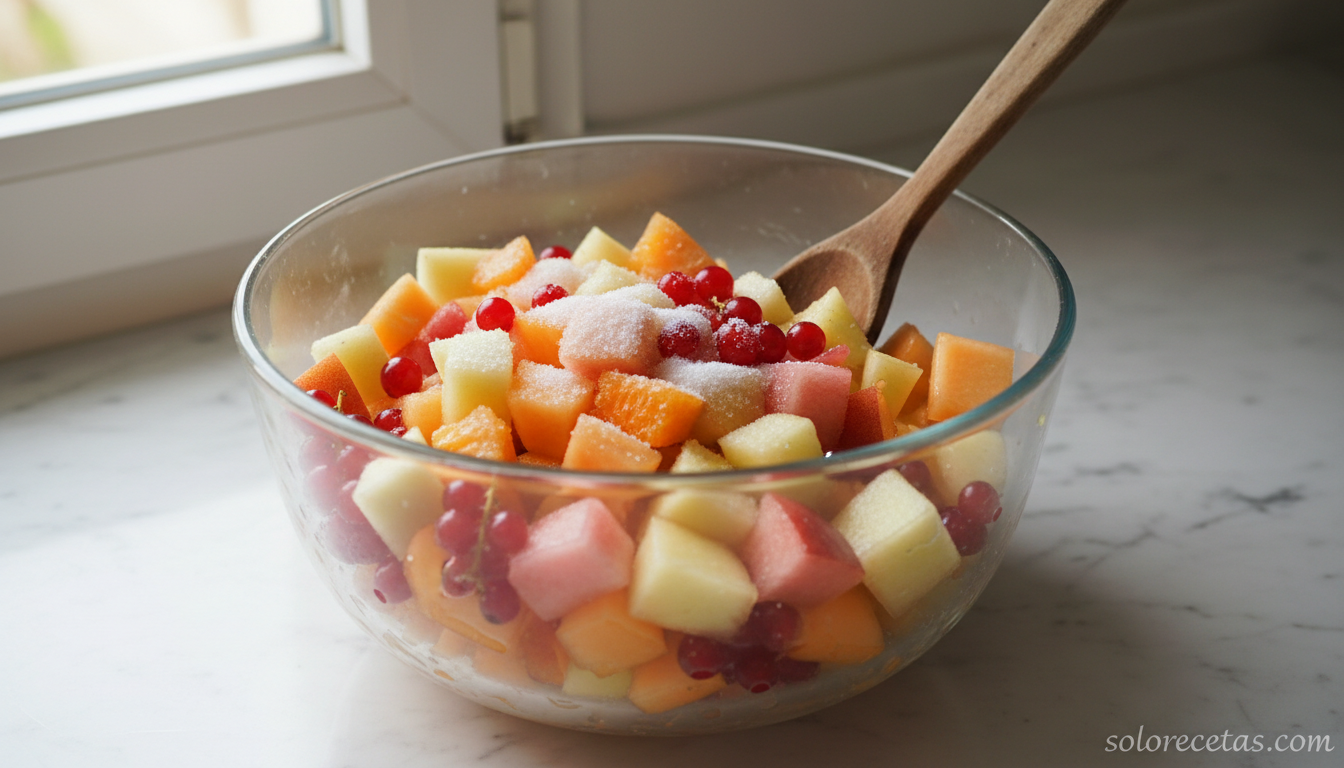 Mezcla de frutas troceadas para la ensalada de melón en un bol de cristal
