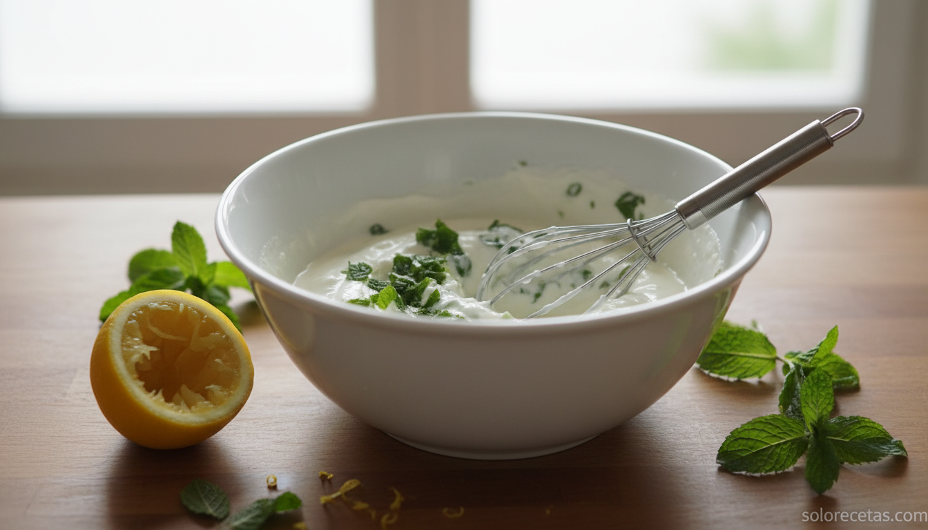 Mezcla de yogur natural con menta machacada en un bol