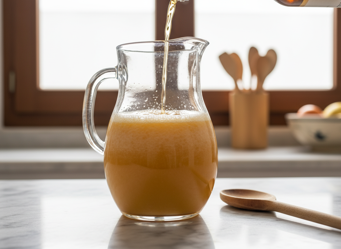 Cóctel de sidra con naranja: receta refrescante con helado 3 Mezclando la sidra con el zumo de naranja en una jarra de cristal