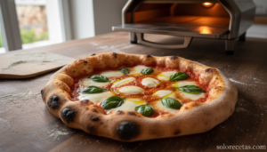Pizza margarita recién hecha en mini-horno para pizzas con borde hinchado y mozzarella fundida