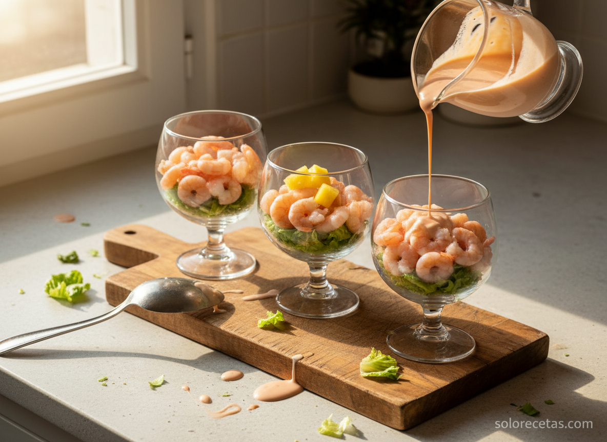 Montaje del cóctel de gambas en copas con lechuga, gambas y salsa rosa