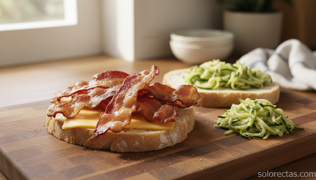 Sándwich de bacon y calabacín: receta casera crujiente y jugosa 3 Montaje por capas del sándwich con queso, bacon y calabacín sobre tabla