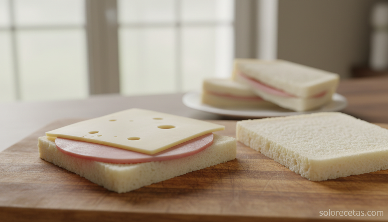 Montaje del sándwich bikini con queso y jamón sobre el pan