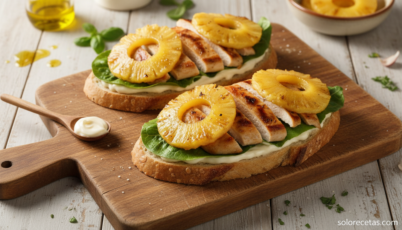 Montaje del sándwich de pollo y piña con todas las capas visibles