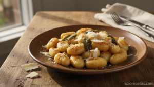 Plato de ñoquis de patata caseros con mantequilla, salvia y parmesano