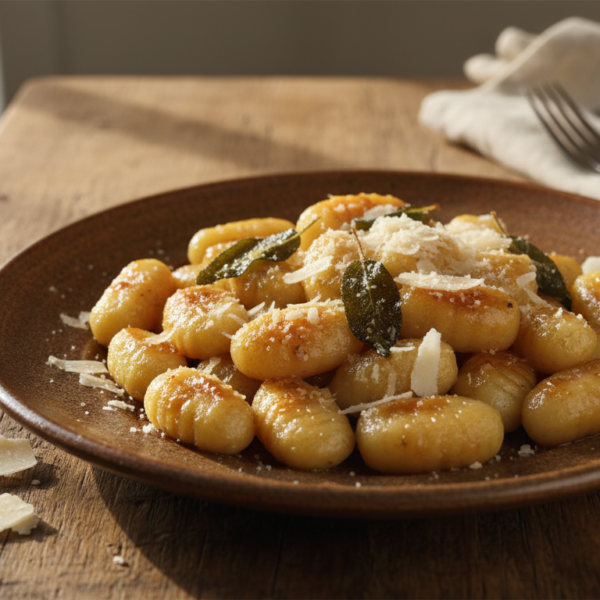 Plato de ñoquis de patata caseros con mantequilla, salvia y parmesano