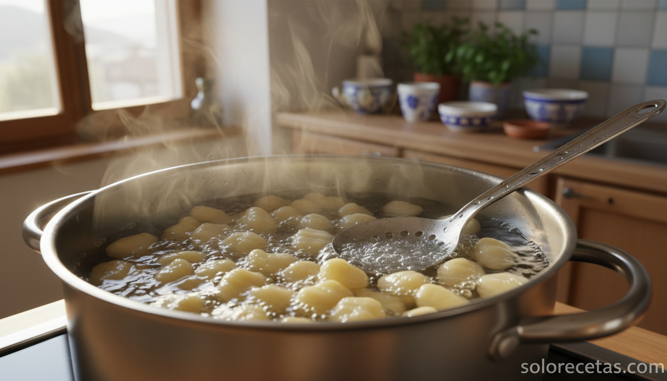 ñoquis de patata flotando en agua hirviendo en una olla