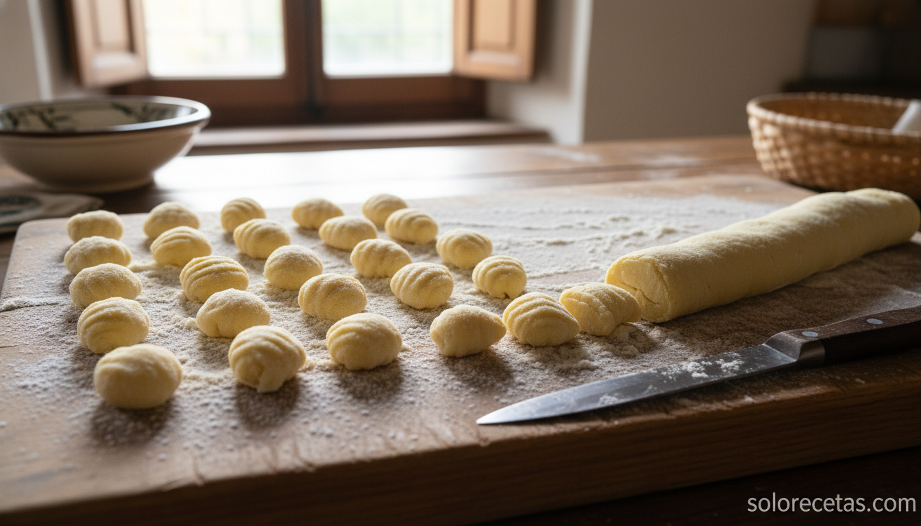 ñoquis de patata crudos cortados sobre tabla de madera enharinada con marcas de tenedor