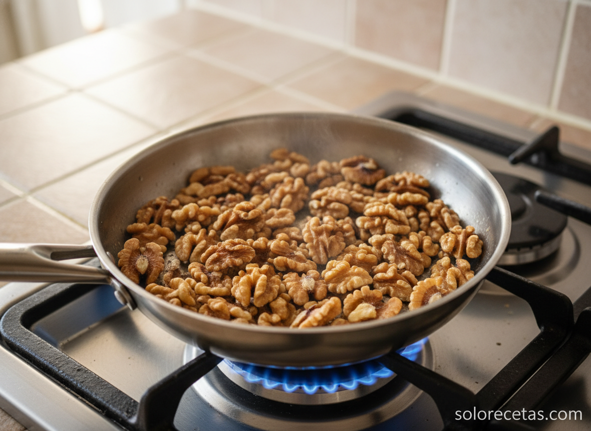 Nueces tostandose en una sarten pequena en seco para ensalada