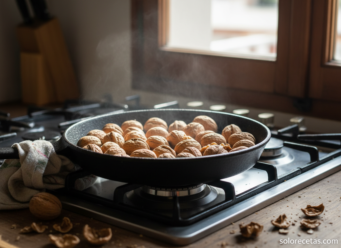 Espaguetis con nueces: receta italiana fácil en 20 minutos 1 Nueces tostandose en una sarten para receta de espaguetis