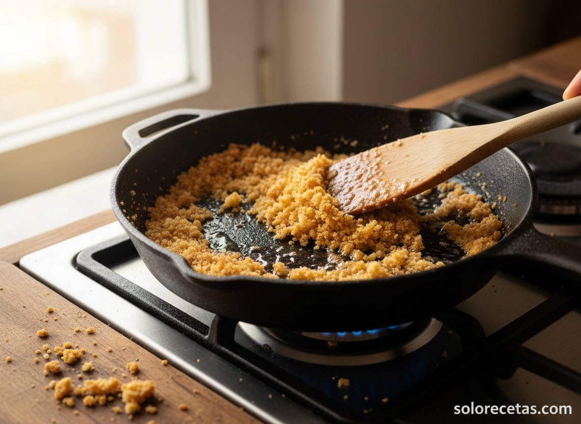 Espaguetis con nueces: receta italiana fácil en 20 minutos 3 Pan rallado dorado en sarten para espaguetis con nueces