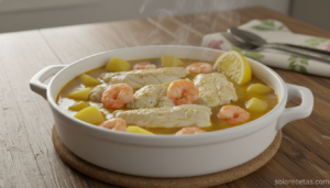 Panga con patatas y gambas en salsa servida en cazuela blanca