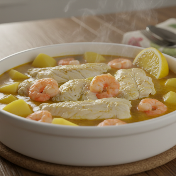 Panga con patatas y gambas en salsa servida en cazuela blanca