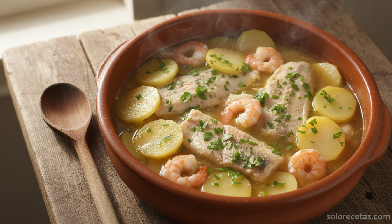 Panga, patatas y gambas cociéndose en la cazuela con la salsa