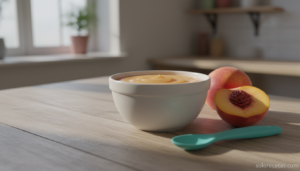 Papilla de pollo con melocotón servida en cuenco blanco con melocotón fresco al lado