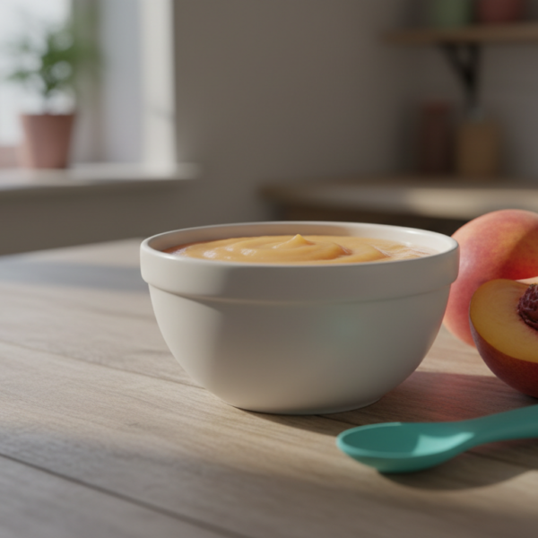 Papilla de pollo con melocotón servida en cuenco blanco con melocotón fresco al lado