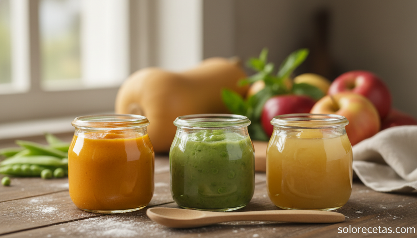 Papillas caseras de calabaza, guisantes y manzana para bebés