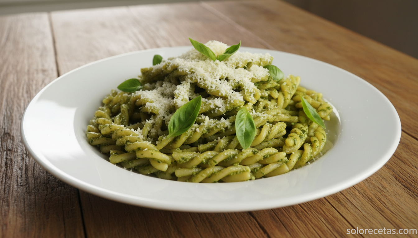 Pasta con salsa pesto genovese, parmesano rallado y albahaca fresca