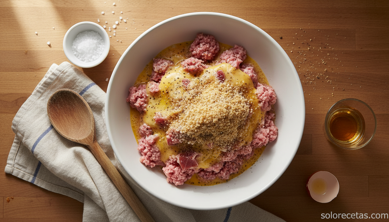 Pastel de carne casero: receta jugosa con magro de cerdo y jamón 1 Mezcla de magro de cerdo picado, jamón serrano y huevos batidos en un bol