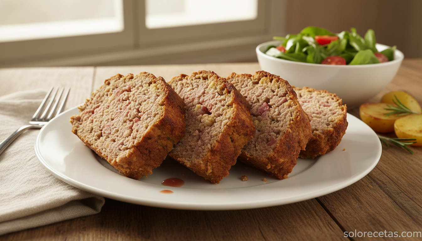 Pastel de carne casero: receta jugosa con magro de cerdo y jamón 2 Pastel de carne de cerdo casero cortado en rebanadas con ensalada y patatas