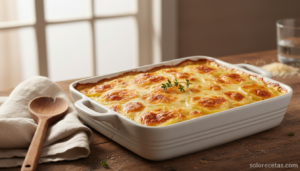 Pastel de patatas y queso al horno gratinado y dorado en fuente blanca