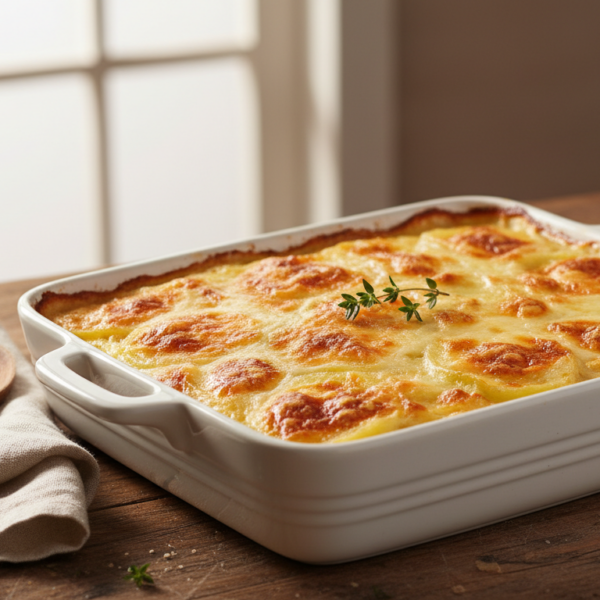 Pastel de patatas y queso al horno gratinado y dorado en fuente blanca