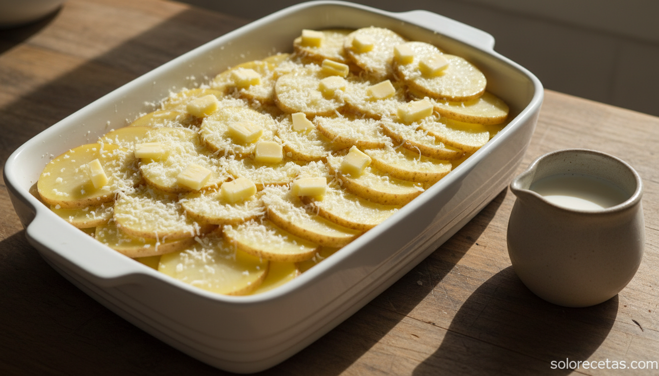 Capas de patata y queso montadas en fuente blanca lista para hornear