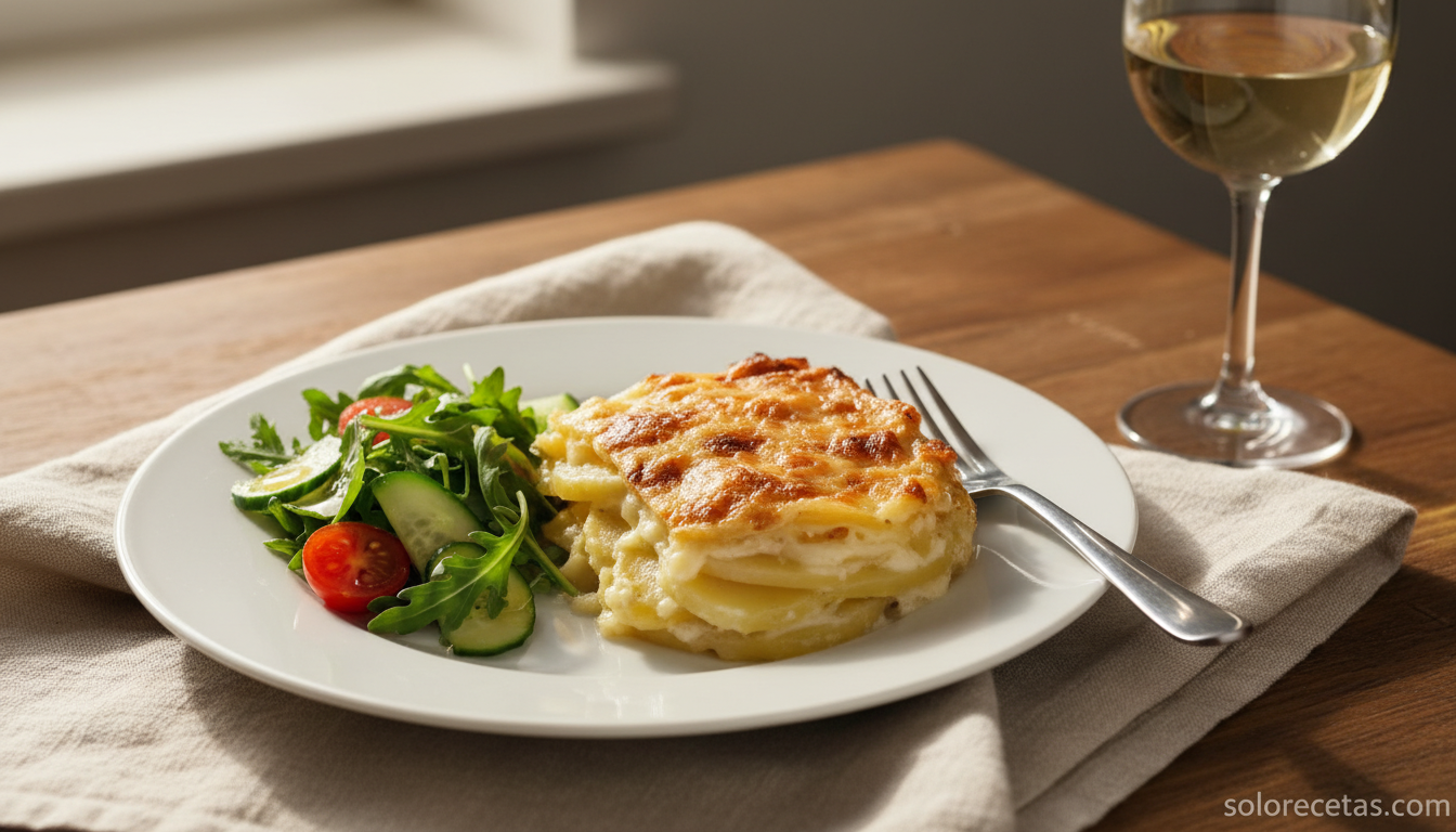 Racion de pastel de patatas y queso servido con ensalada verde y vino blanco
