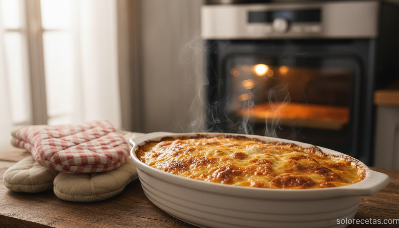 Pastel de patatas y queso recien horneado con costra dorada y burbujeante