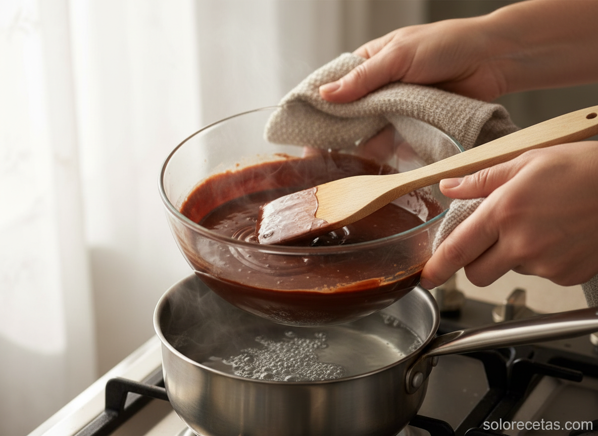 Pastel de San Valentín de chocolate y trufa: receta paso a paso 1 Chocolate de cobertura y mantequilla derretidos al baño maría con espátula