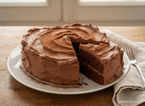 Pastel de San Valentín cortado mostrando capa de mermelada de albaricoque y trufa montada