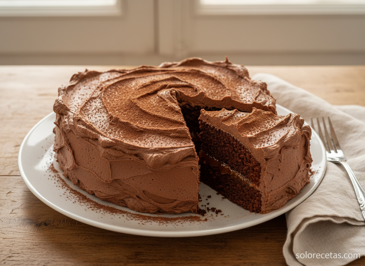 Pastel de San Valentín de chocolate y trufa: receta paso a paso 2 Pastel de San Valentín cortado mostrando capa de mermelada de albaricoque y trufa montada