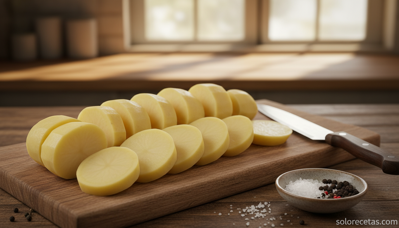 Rodajas de patata cocida cortadas medio centimetro sobre tabla de madera