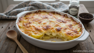 Patatas con queso al horno recién gratinadas en fuente blanca con bordes dorados crujientes