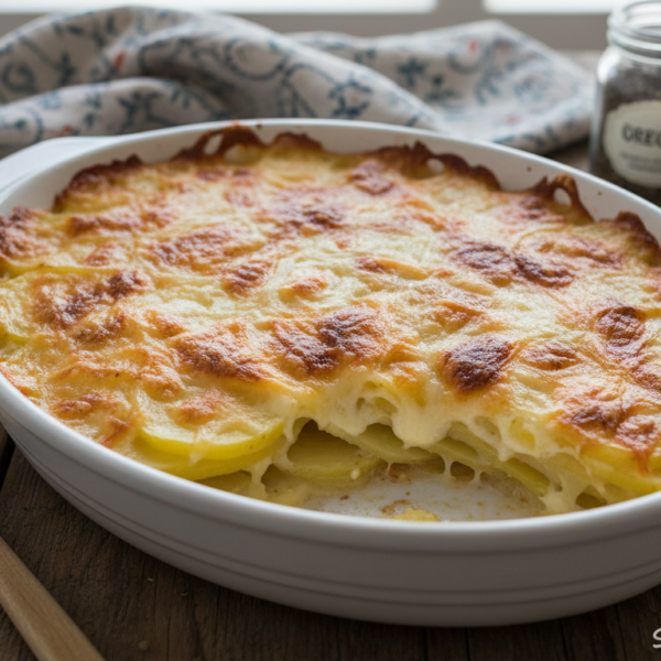 Patatas con queso al horno recién gratinadas en fuente blanca con bordes dorados crujientes