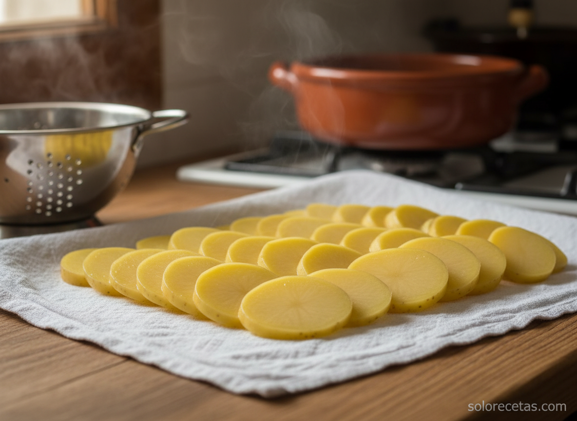 Rodajas finas de patata pre-cocidas escurridas sobre paño de cocina
