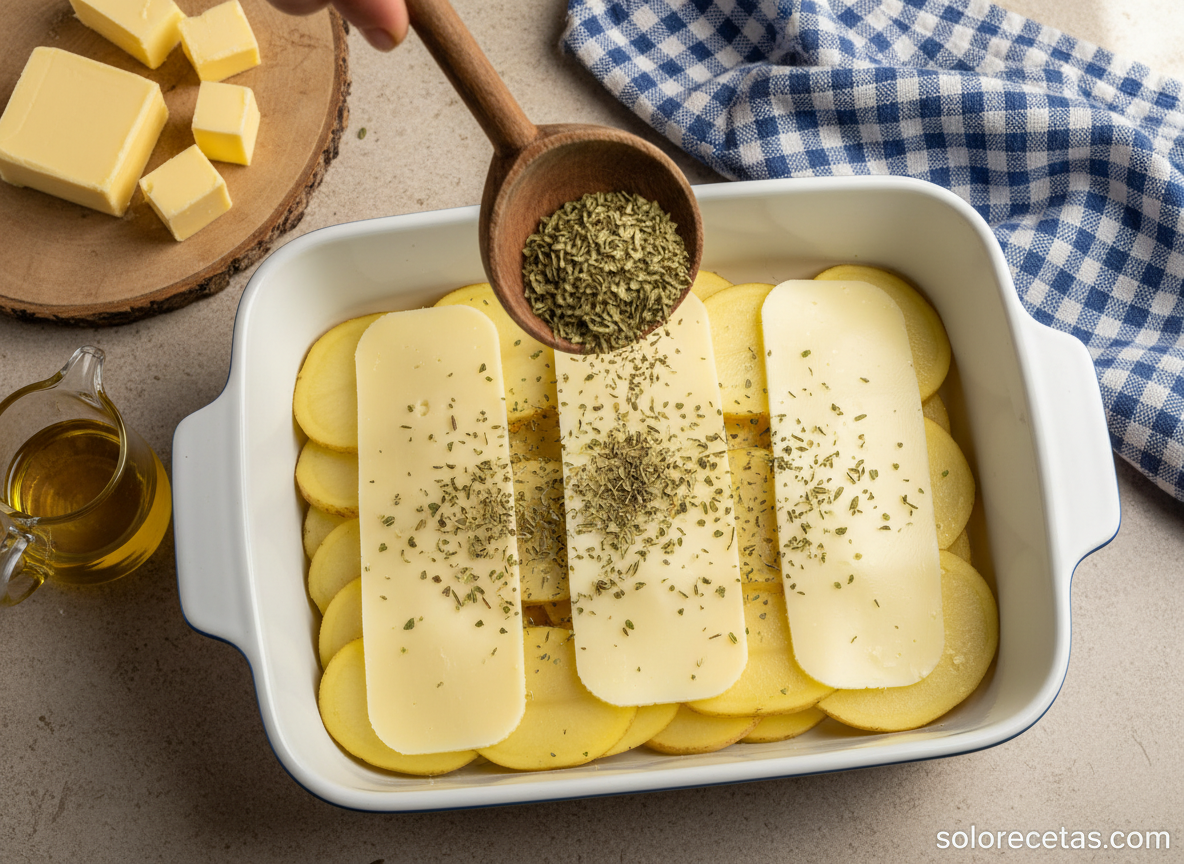 Montaje de capas de patata y queso en fuente de horno con orégano