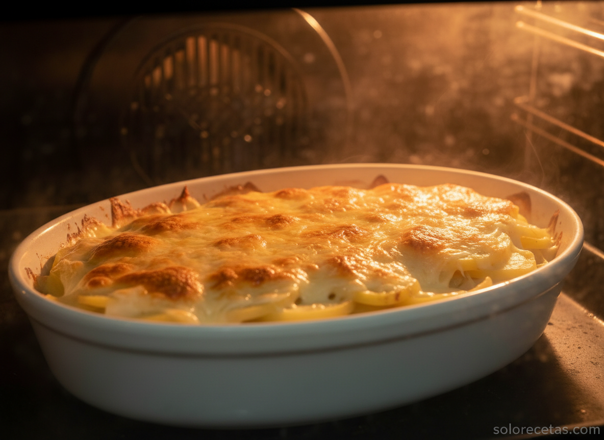 Fuente de patatas con queso horneándose con el queso burbujeando