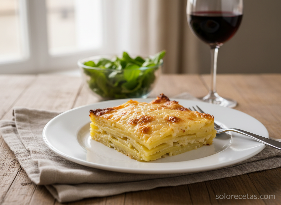 Ración servida de patatas con queso al horno en plato blanco