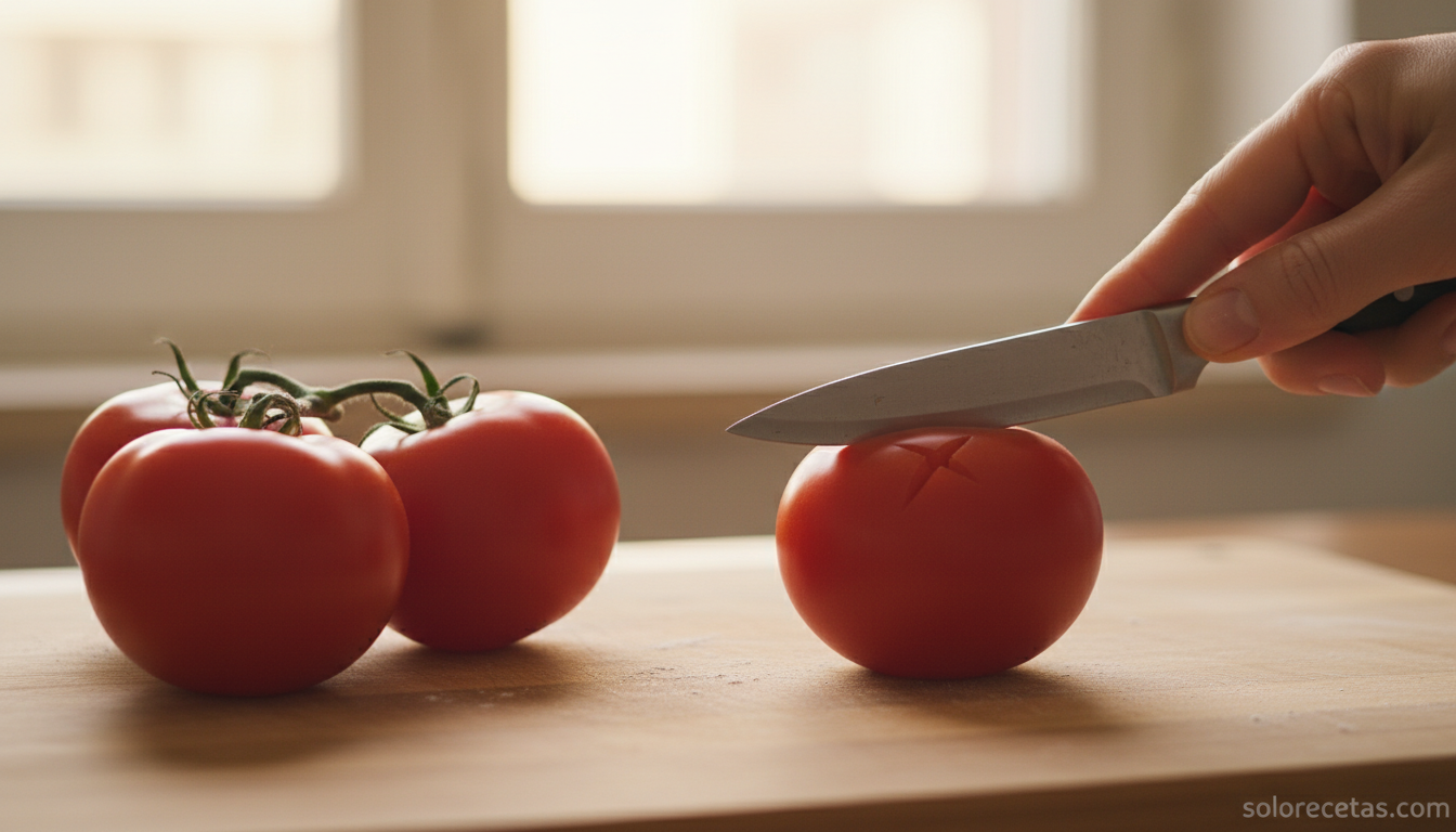 Cómo pelar tomates fácilmente: el truco infalible del escaldado 1 Marcar una cruz con cuchillo en la base del tomate antes de escaldar