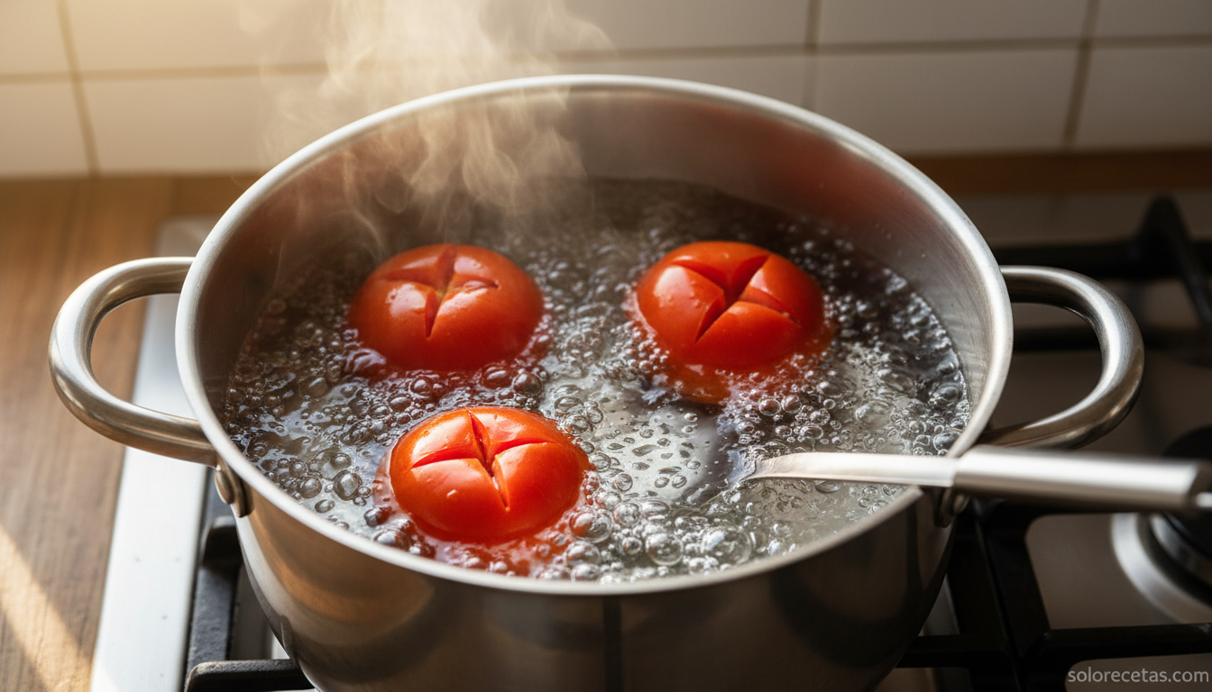Cómo pelar tomates fácilmente: el truco infalible del escaldado 2 Tomates enteros escaldándose en agua hirviendo en una olla de acero