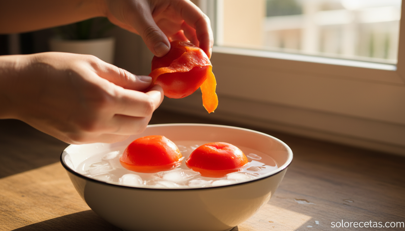 Cómo pelar tomates fácilmente: el truco infalible del escaldado 3 Pelar un tomate escaldado con los dedos bajo el agua fría