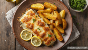 Pescadilla a la parmesana gratinada con limón y patatas