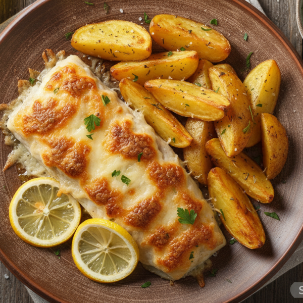 Pescadilla a la parmesana gratinada con limón y patatas