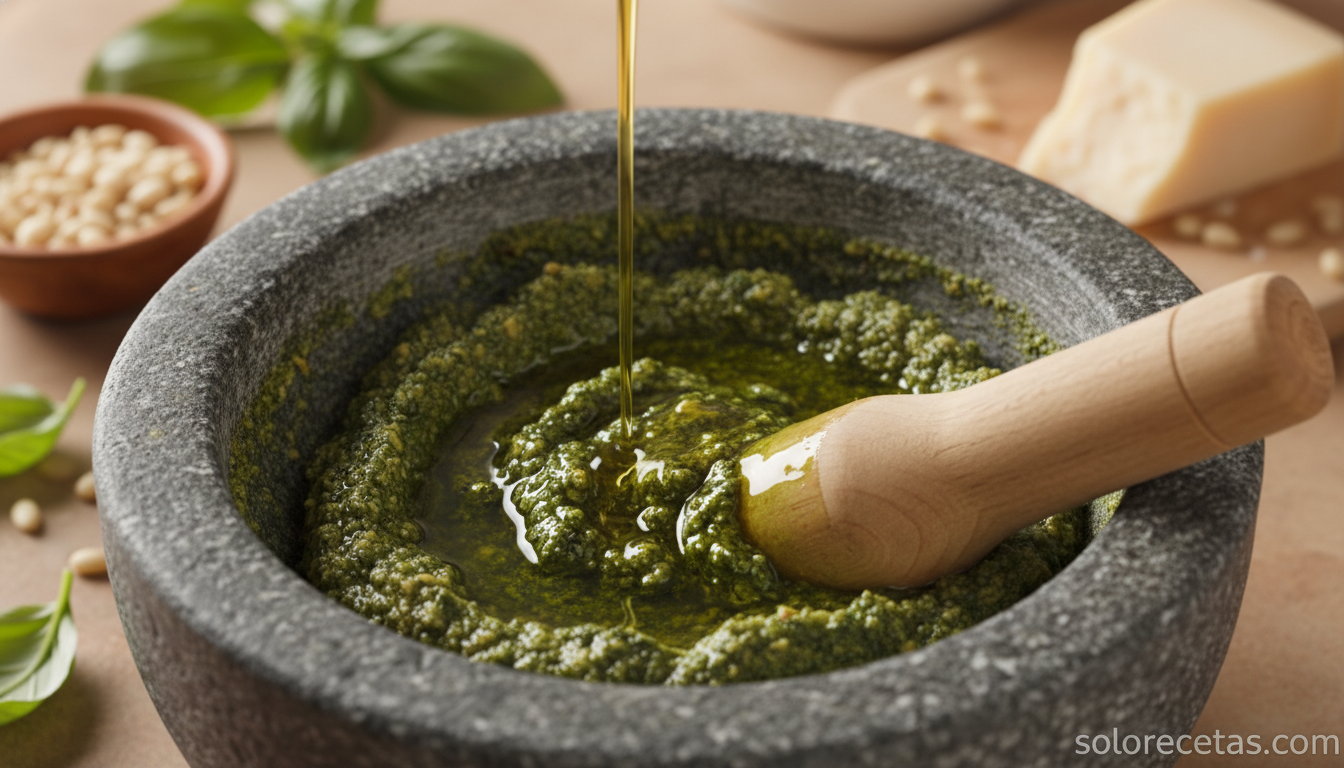 Vertiendo aceite de oliva en hilo fino sobre el pesto en el mortero