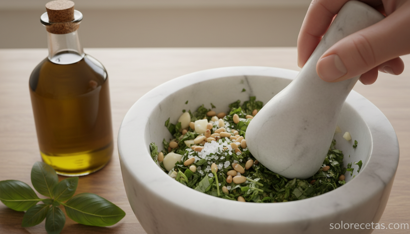 Machacando ajo, piñones y albahaca en mortero de mármol para el pesto